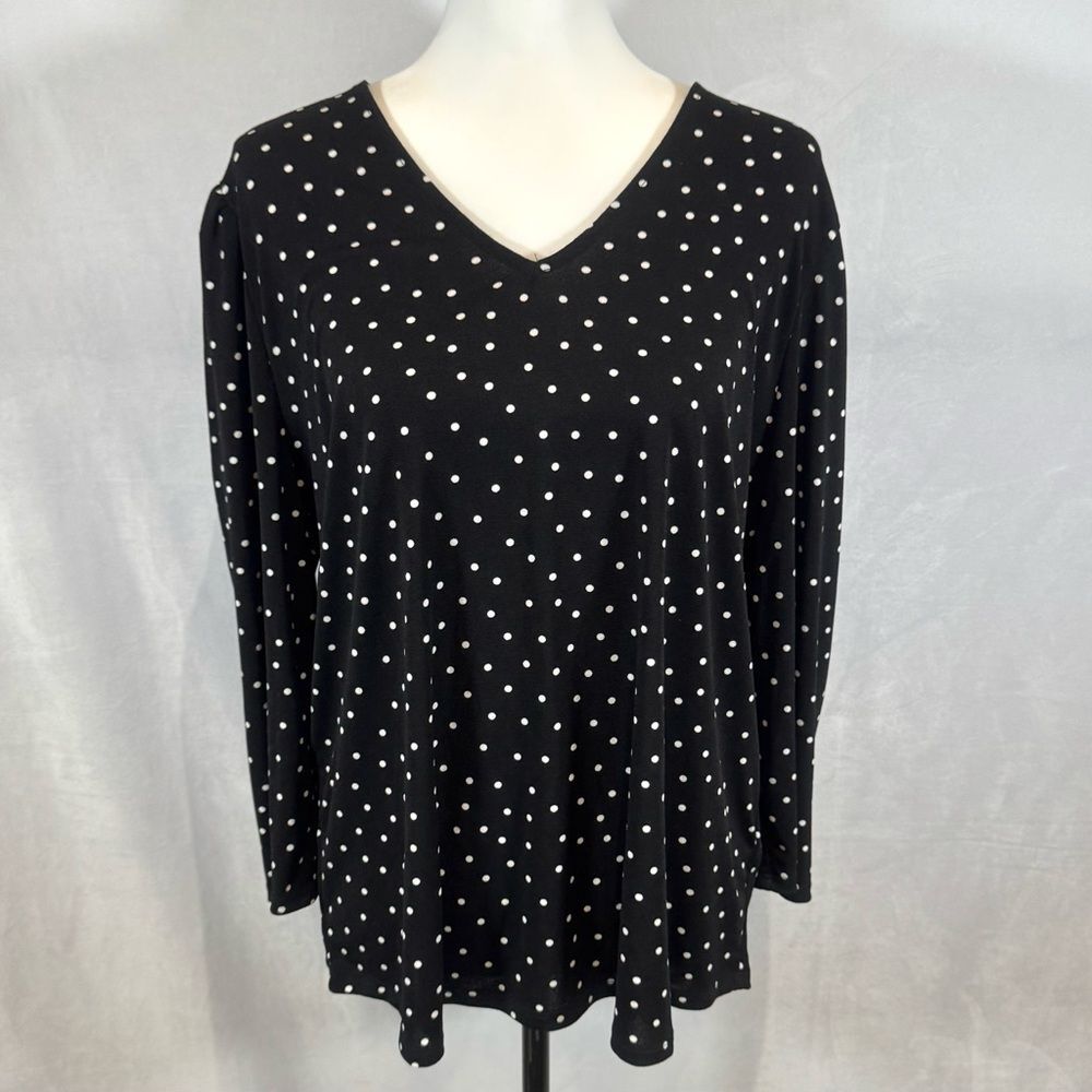 Adrianna Papell black & white polka dot long sleeve pleated shoulder top size XL